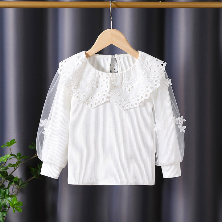 Mädchen Bluse mit voluminösen Tüllärmeln und aufwändigen Blumenstickereien Drune