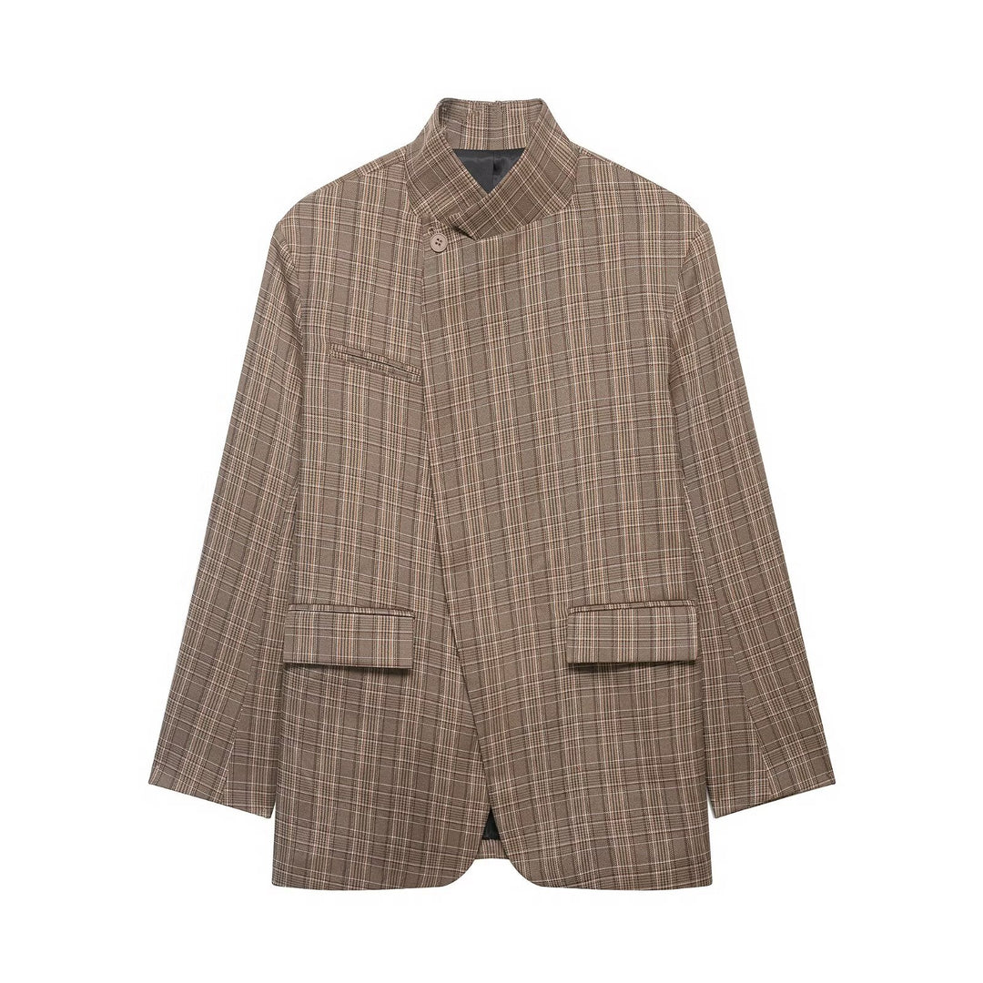 Damen Oversized Glencheck-Blazer mit Stehkragen und asymmetrischer Knopfleiste Drune