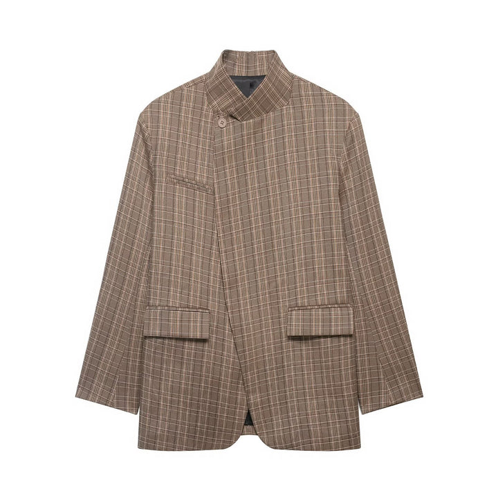 Damen Oversized Glencheck-Blazer mit Stehkragen und asymmetrischer Knopfleiste Drune