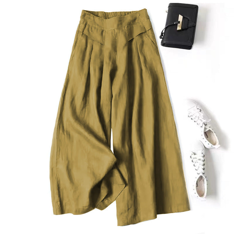 Damen Weit geschnittene Leinenhose mit hohem Bund und eleganten Falten Drune