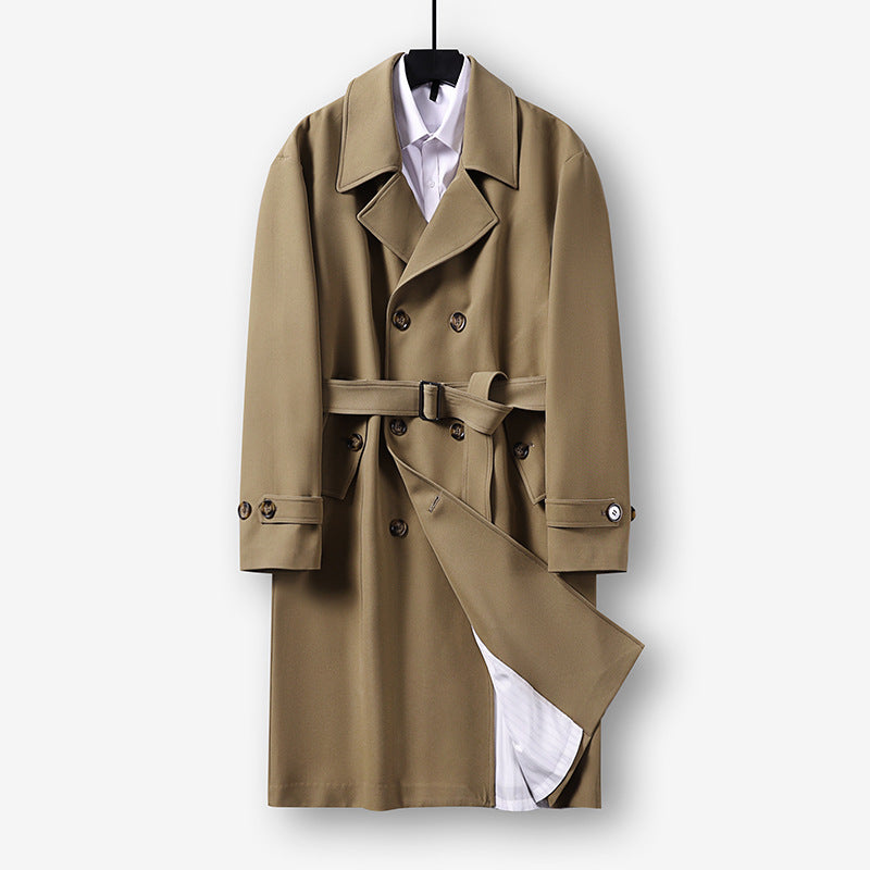 Herren Moderner knielanger Doppelreihiger Trenchcoat mit Taillengürtel Drune