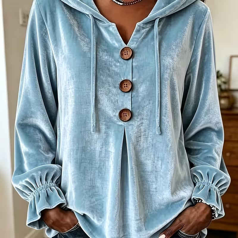 Damen Samt-Hoodie mit Holzknopfblende, Tunnelzug und gerafften Ärmeln Drune