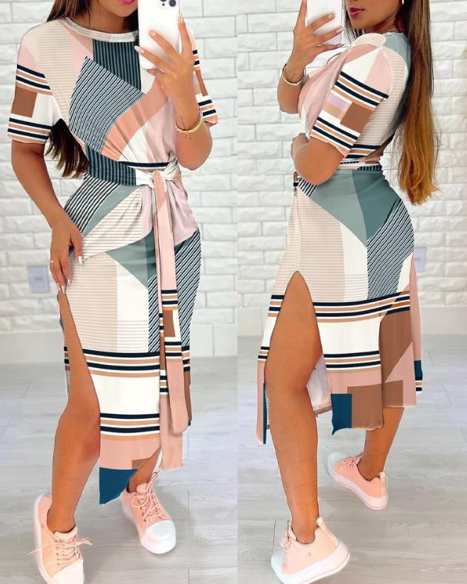 Damen Langarm Wickelkleid mit seitlichem Schlitz und Gürteldetail Drune