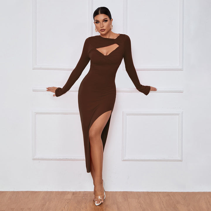 Damen elegantes Langarm-Kleid mit schickem Cut-Out und hohem Schlitz Drune