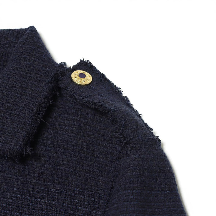 Damen Bouclé‑Tweed Kurzjacke mit Fransenbesatz, Schulterpatten und aufgesetzten Taschen Drune