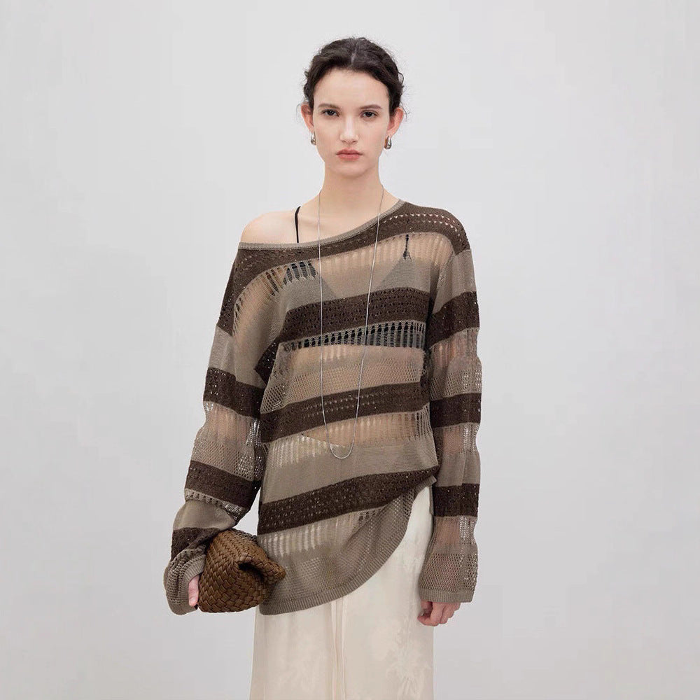 Damen luftiger Strickpulli mit trendy Lochmuster Drune