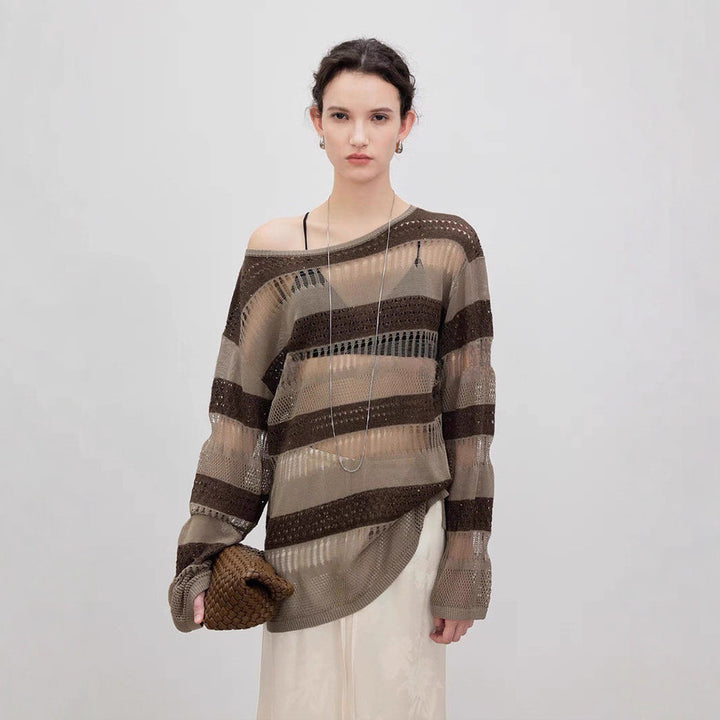 Damen luftiger Strickpulli mit trendy Lochmuster Drune