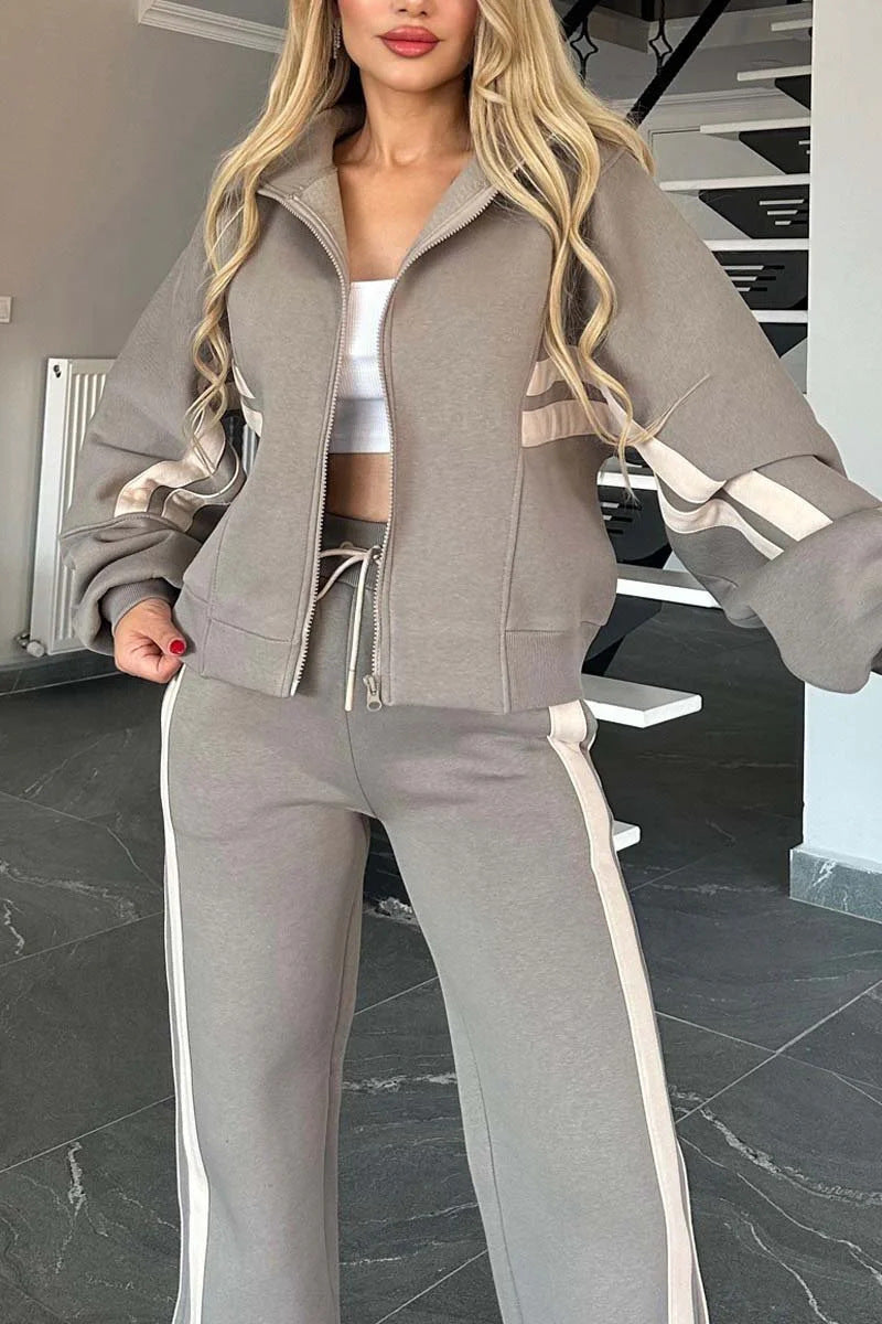 Drune | Gestreifte Zip up Cropped Sweatshirtjacke und Sporthose Zwei Teile Satz