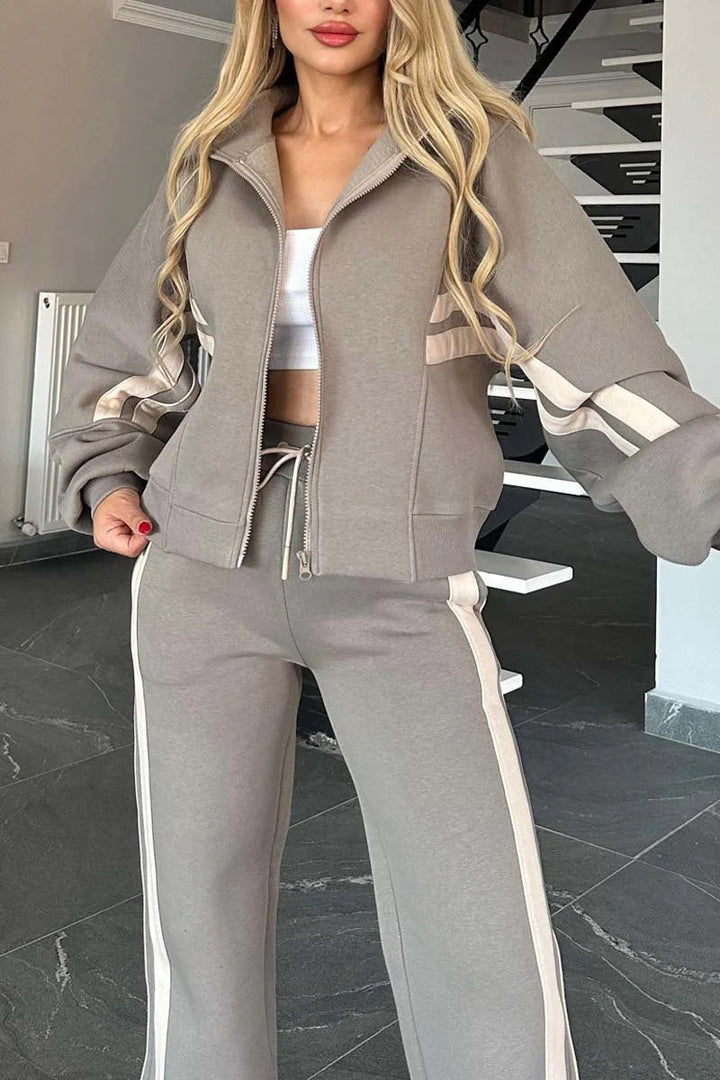 Drune | Gestreifte Zip up Cropped Sweatshirtjacke und Sporthose Zwei Teile Satz