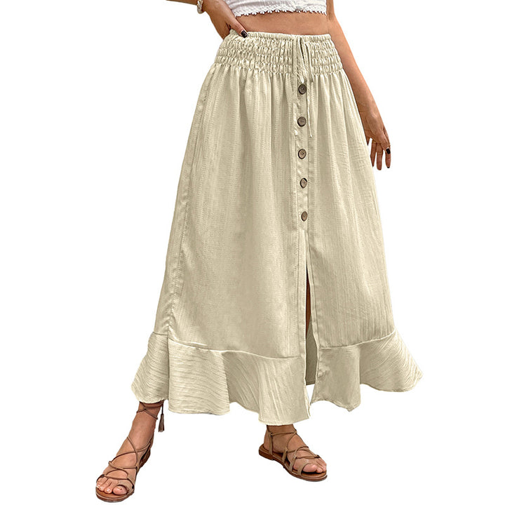 Damen Sommerlicher Maxirock mit Smockbund, durchgehender Knopfleiste, Seitenschlitz und Volant Drune