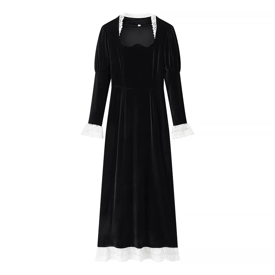 Damen nan viktorianisches Samt-Maxikleid mit Spitzenkragen, Puffärmeln und taillierter Empirenaht Drune
