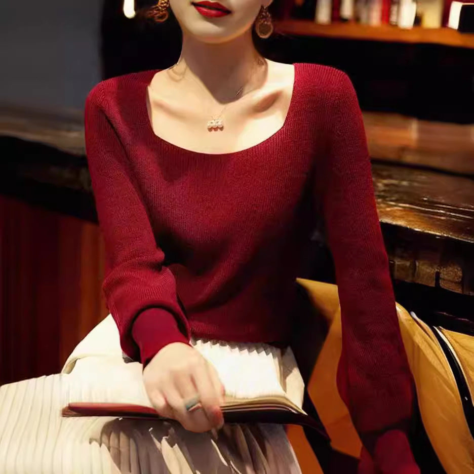 Damen eleganter Strickpullover mit schickem Quadrat-Ausschnitt und weitem Schnitt Drune