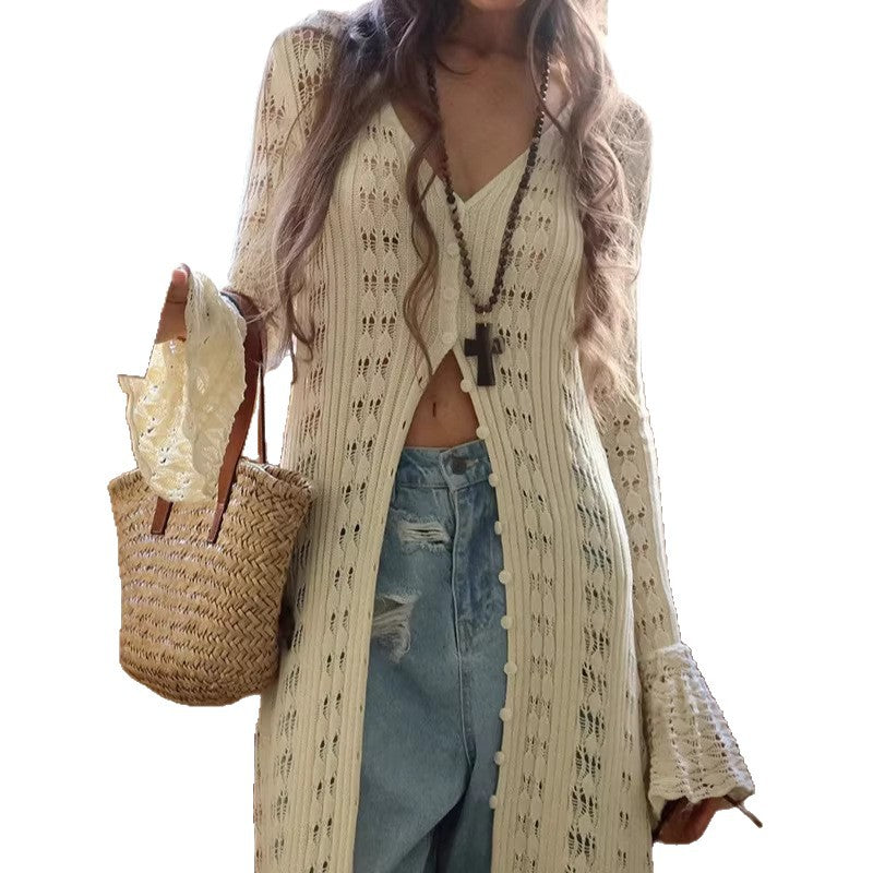 Damen Langer Häkelstrick-Cardigan mit Glockenärmeln und Offener Front Drune