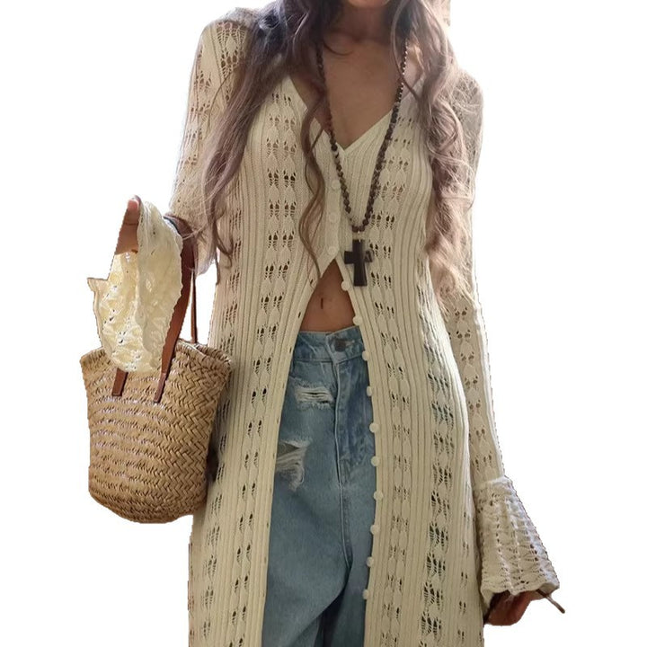 Damen Langer Häkelstrick-Cardigan mit Glockenärmeln und Offener Front Drune