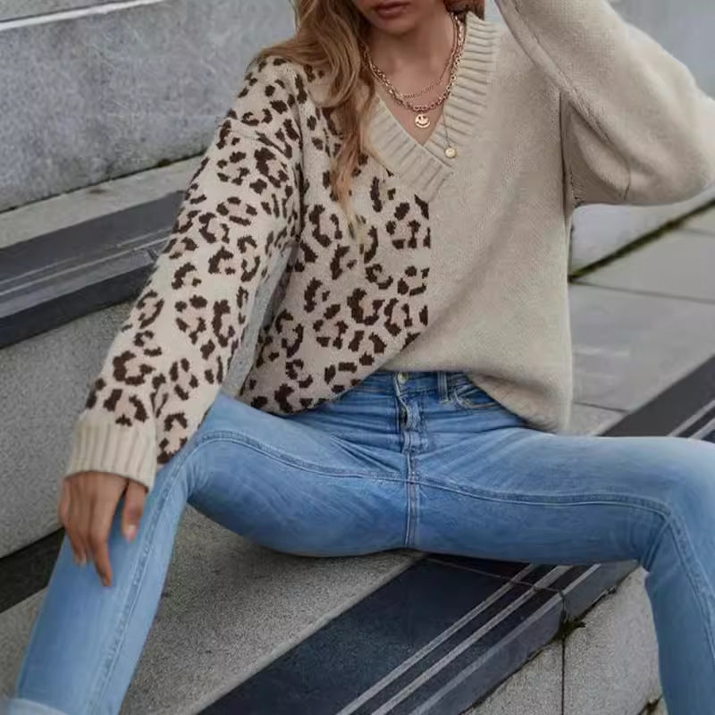 Damen Grobstrickpullover mit modernem Leo-Design und tiefem V-Ausschnitt Drune