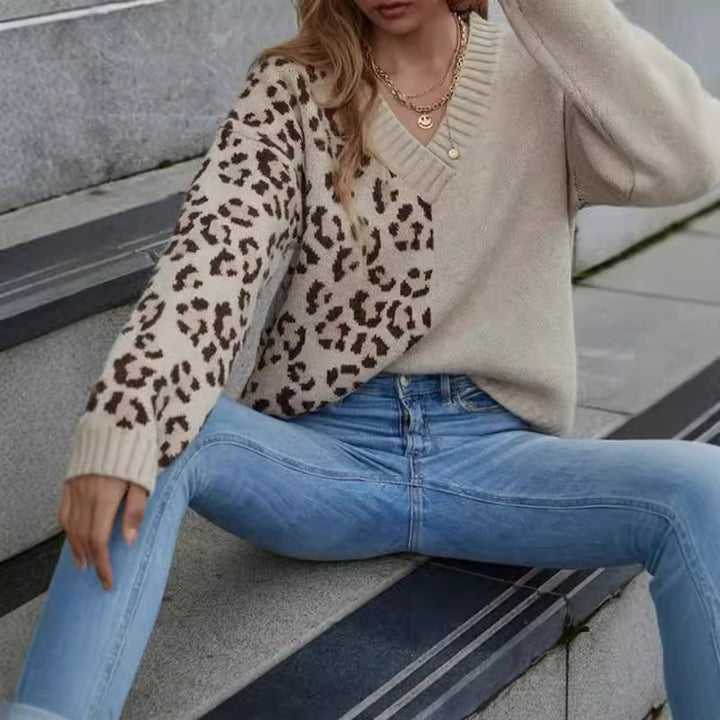 Damen Grobstrickpullover mit modernem Leo-Design und tiefem V-Ausschnitt Drune
