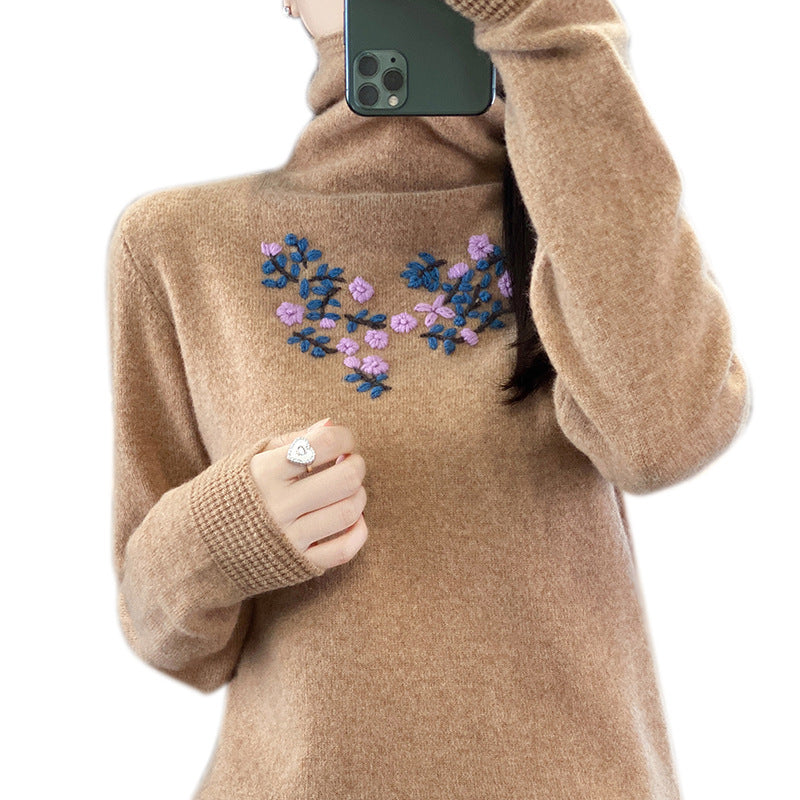 Damen Kaschmir‑Optik Rollkragenpullover mit zarter Blumenstickerei am Brustbereich Drune