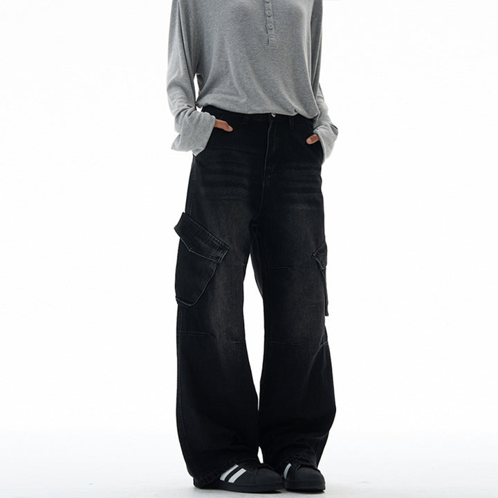 Damen Hochtaillierte Utility-Denim-Palazzohose mit Kniepaneelen und großen Klappentaschen Drune
