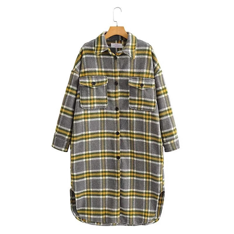 Damen Oversize Karo-Hemdjacke im Longline-Cut mit aufgesetzten Brusttaschen Drune