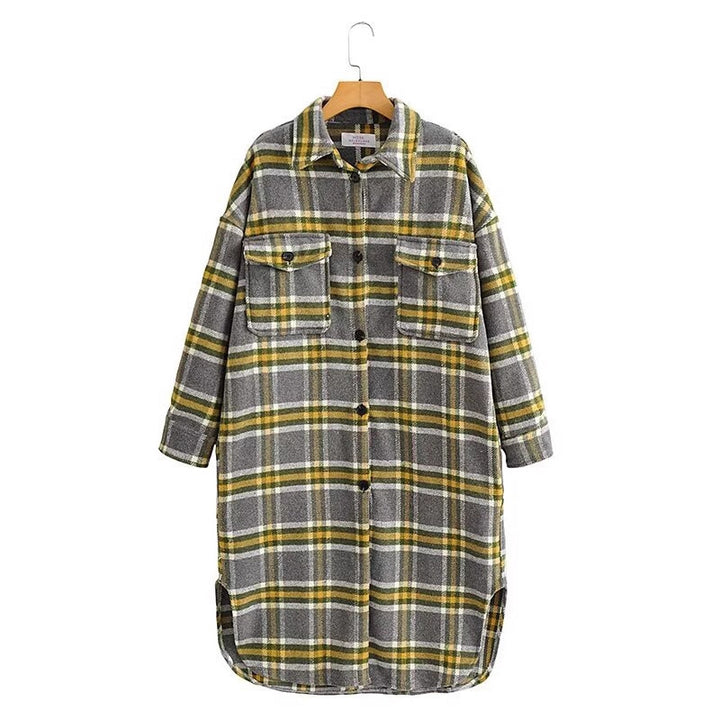Damen Oversize Karo-Hemdjacke im Longline-Cut mit aufgesetzten Brusttaschen Drune