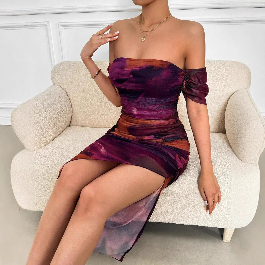 Damen Figurbetontes schulterfreies Maxikleid mit Raffung, Beinschlitz und Aquarell-Print Drune