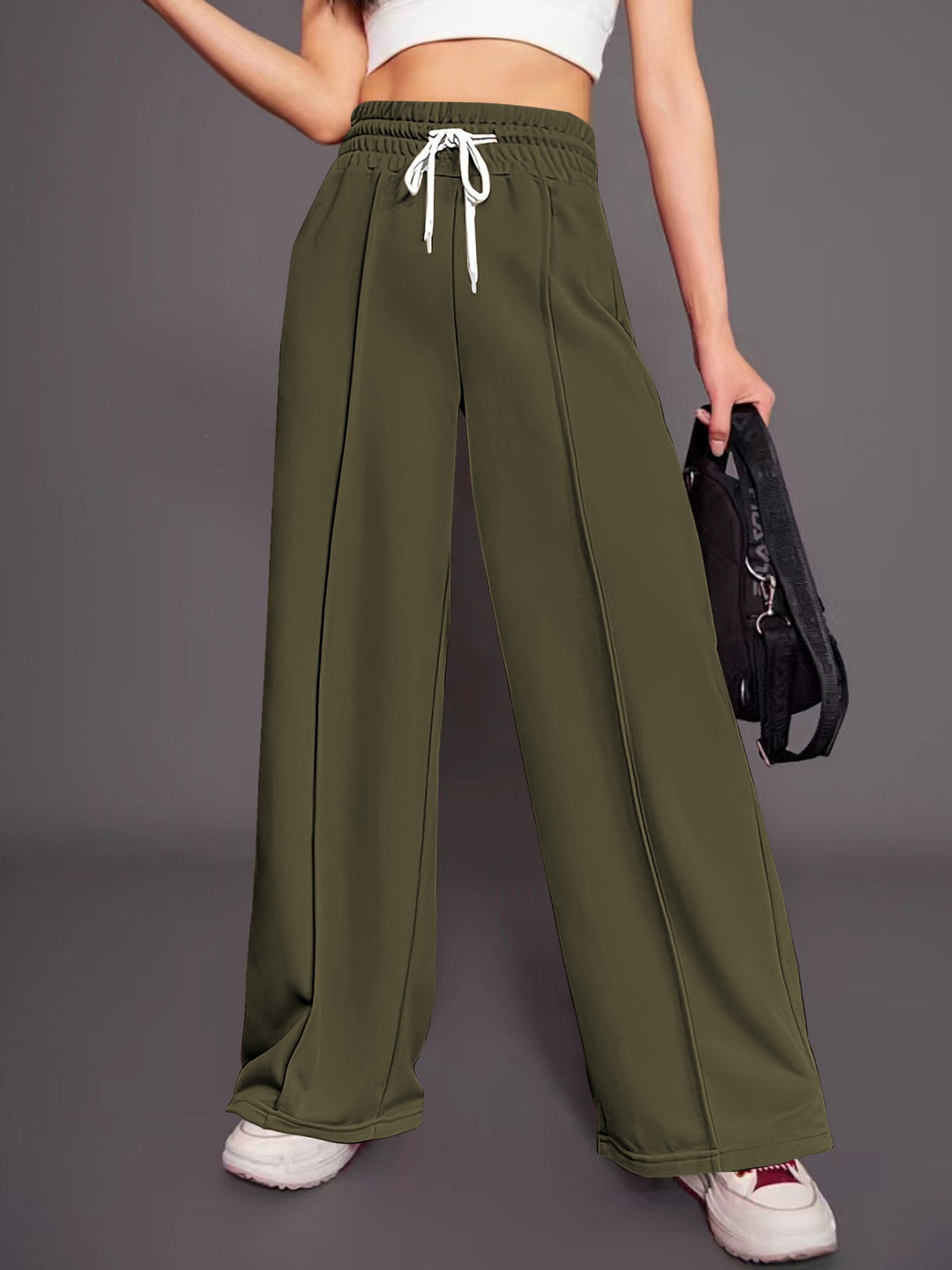 Damen nan weite High-Waist Palazzo-Jogginghose mit Kordelzug und Bügelfalte Drune