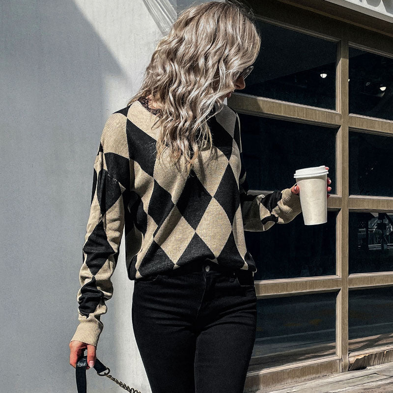 Damen Rauten-Strickpullover mit lockerem Schnitt und Rippbündchen Drune