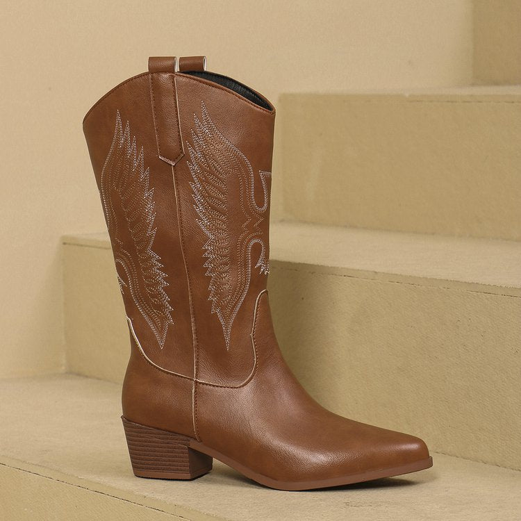 Damen Western-Stiefel mit spitzer Zehenpartie und mittelhohem Blockabsatz Drune