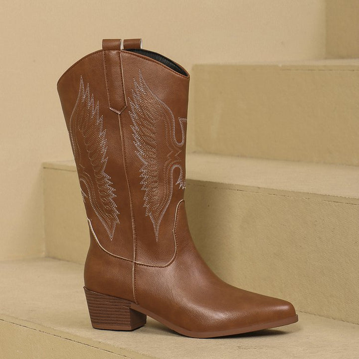 Damen Western-Stiefel mit spitzer Zehenpartie und mittelhohem Blockabsatz Drune