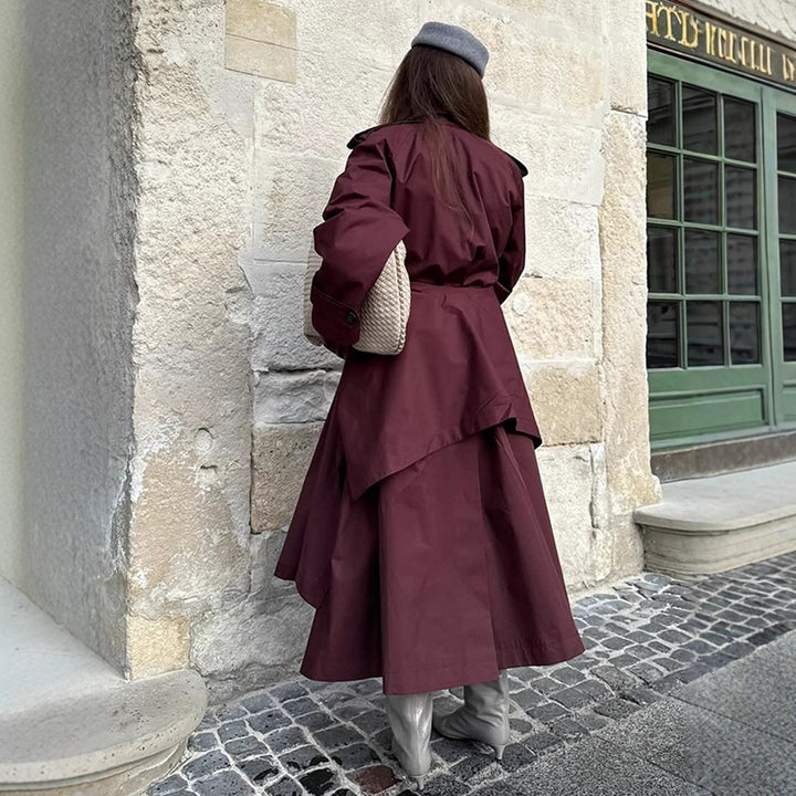 Damen Midilanger Trenchcoat mit ponchoartigem Cape-Überwurf & kastiger Silhouette Drune