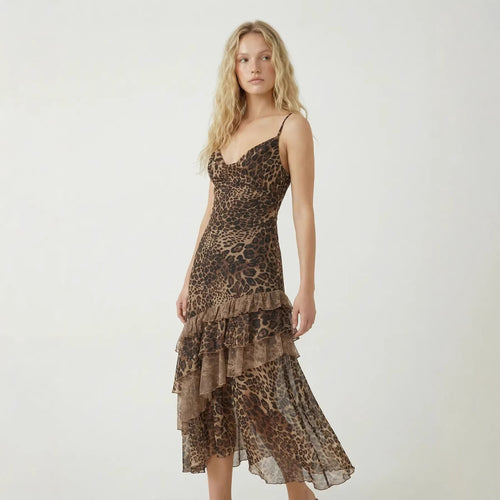 Damen elegantes Midikleid mit asymmetrischem Volant und Animal-Print Drune