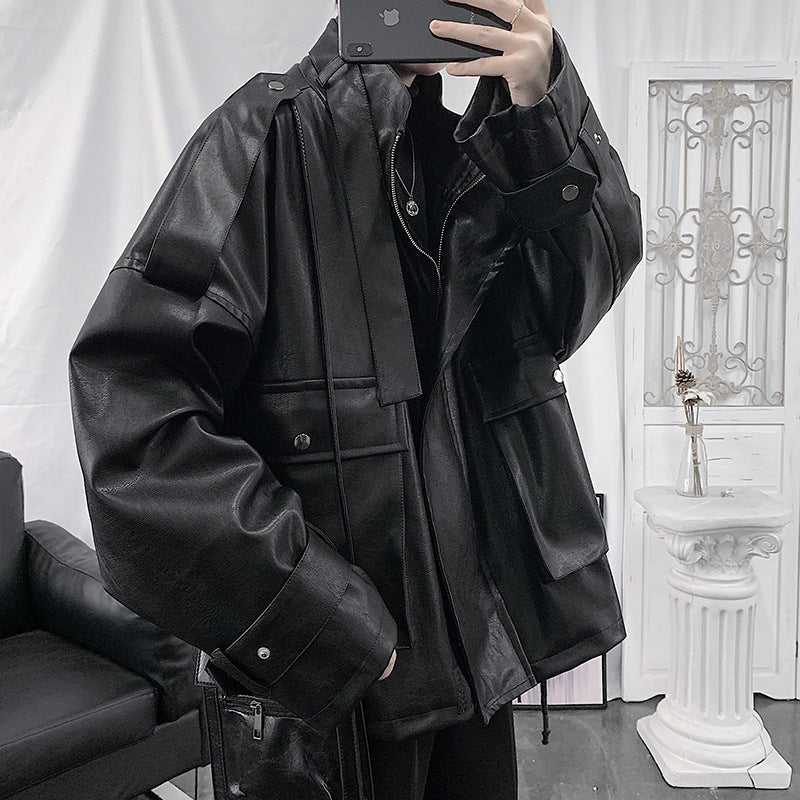 Herren Weitgeschnittene Kunstlederjacke mit Kapuze, Utility-Taschen und verstellbaren Manschetten Drune