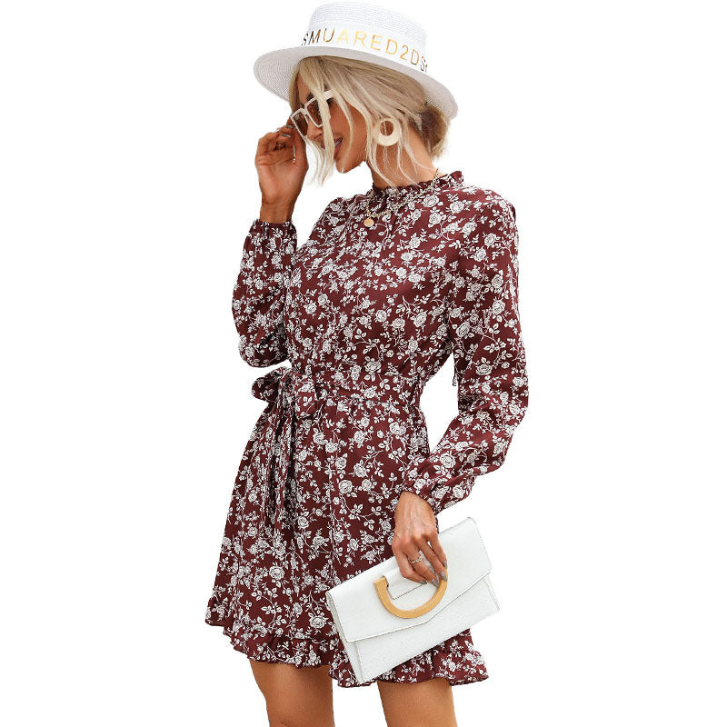 Damen A-Linien-Kurzkleid mit Stehkragen, Taillenband und Volantsaum Drune