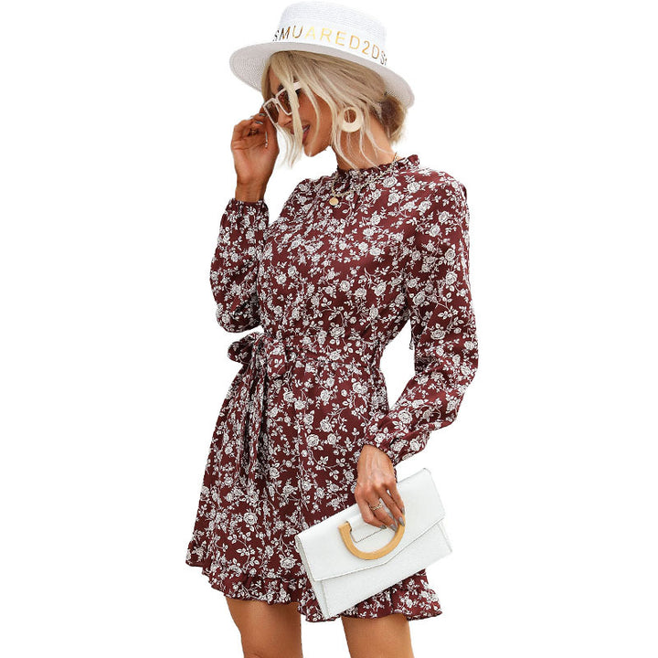 Damen A-Linien-Kurzkleid mit Stehkragen, Taillenband und Volantsaum Drune
