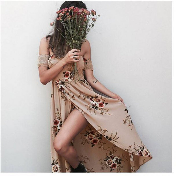 Damen Maxikleid mit schulterfreiem Design und floralen Mustern Drune