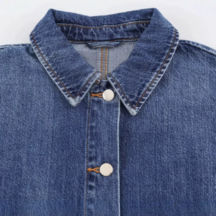 Damen Kurzer Boxy-Jeansblouson mit oversized Manschetten und aufgesetzten Taschen Drune