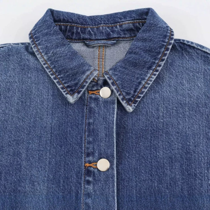 Damen Kurzer Boxy-Jeansblouson mit oversized Manschetten und aufgesetzten Taschen Drune