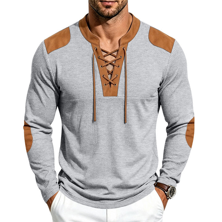 Herren Waffelstruktur-Henley mit Schnürkragen und Kunstleder-Patches Drune