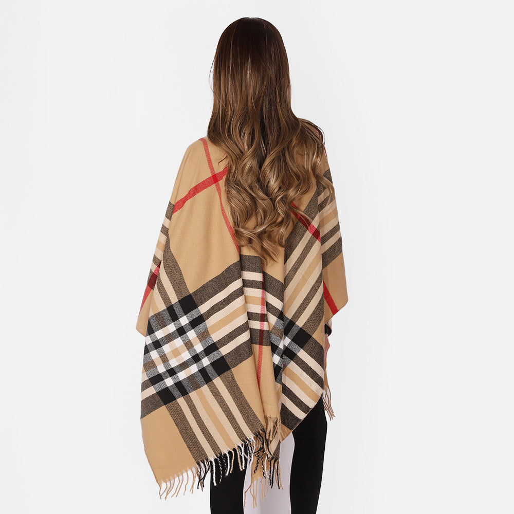 Damen Karierter Wollmix-Poncho mit Fransen und offenem Kimono-Schnitt Drune