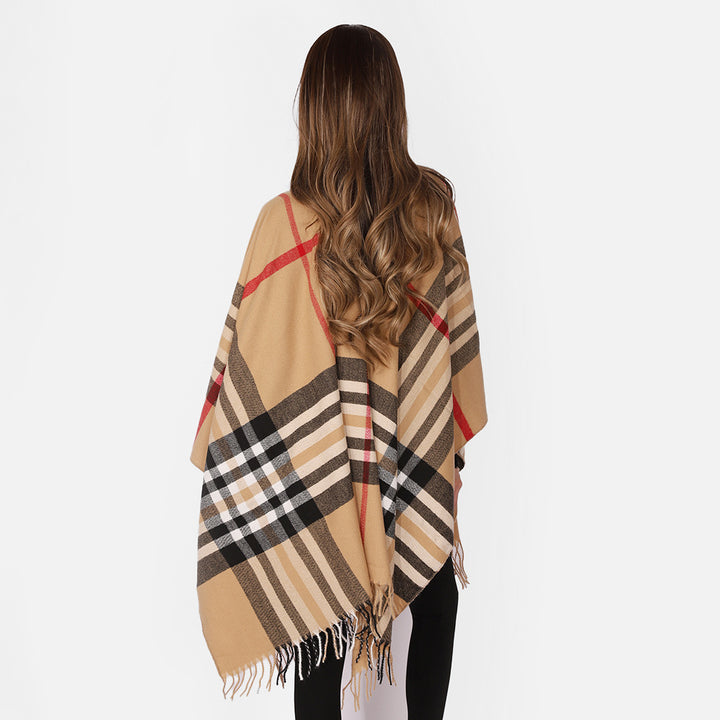 Damen Karierter Wollmix-Poncho mit Fransen und offenem Kimono-Schnitt Drune