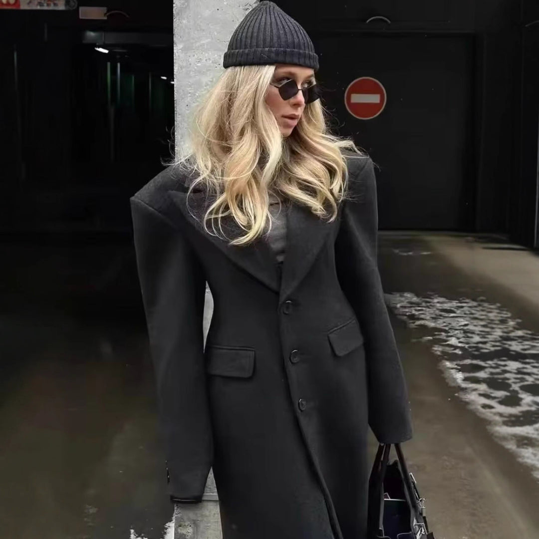 Damen Longline Wollmix-Mantel mit markantem Revers, taillierten Abnähern und Pattentaschen Drune
