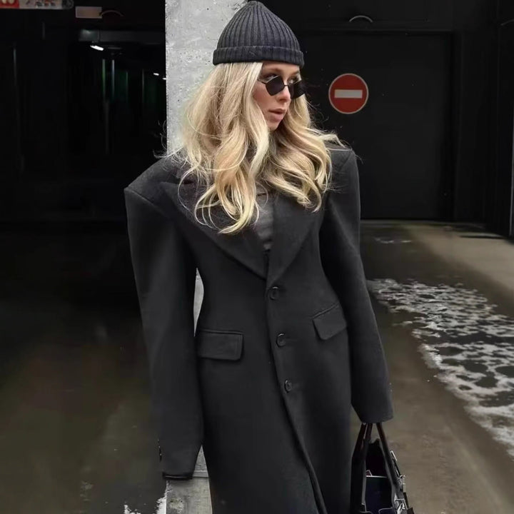 Damen Longline Wollmix-Mantel mit markantem Revers, taillierten Abnähern und Pattentaschen Drune