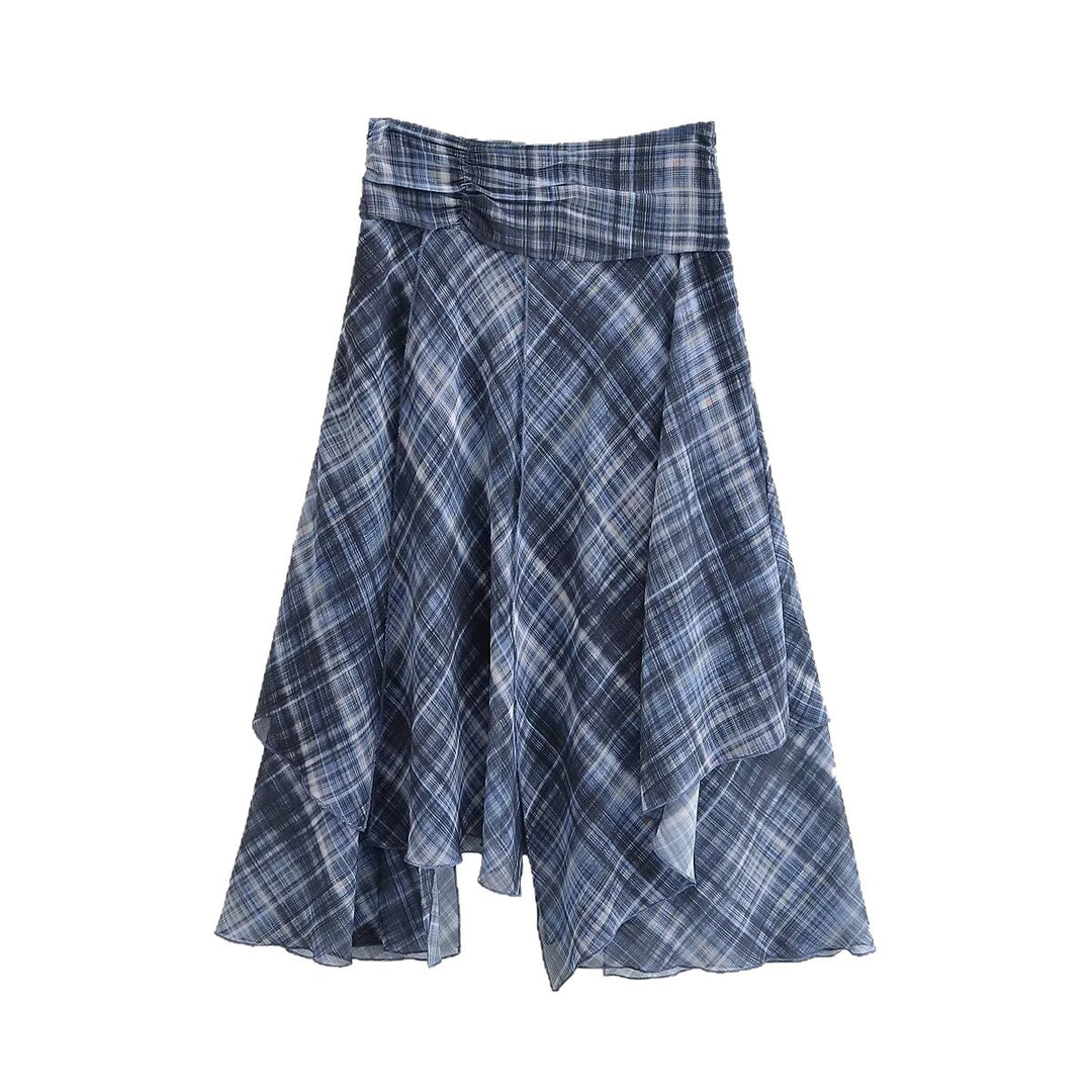 Damen Asymmetrischer mehrlagiger Midirock aus Chiffon mit weitem Taillenbündchen und Karomitternung Drune