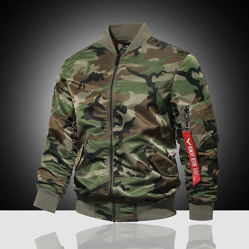 Herren Piloten-Bomberjacke im Camouflage-Design mit Ärmel-Reißverschlusstasche und Sicherheitsband Drune