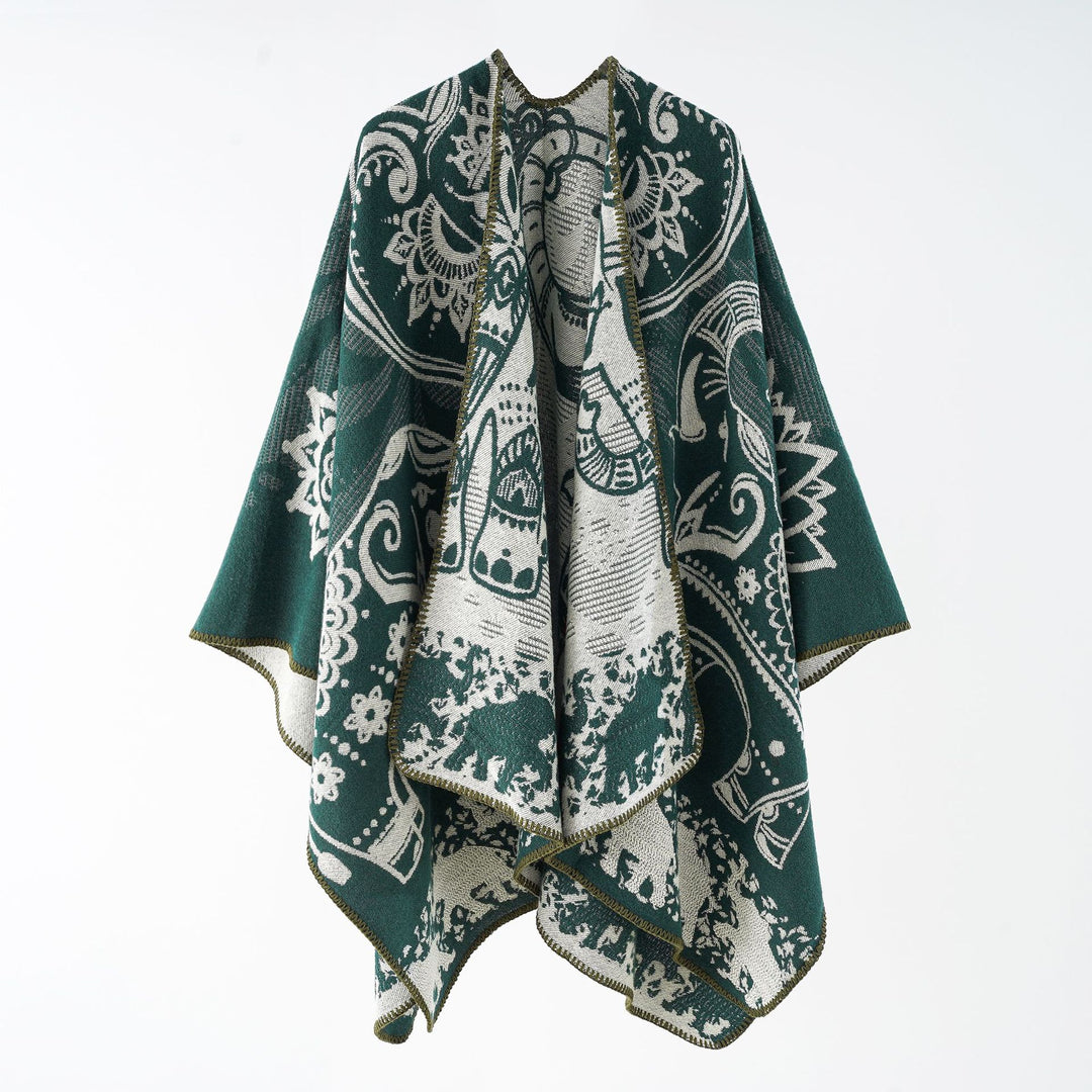 Damen Jacquard-Überwurfponcho mit doppelseitiger Webstruktur und Zierstichkante Drune