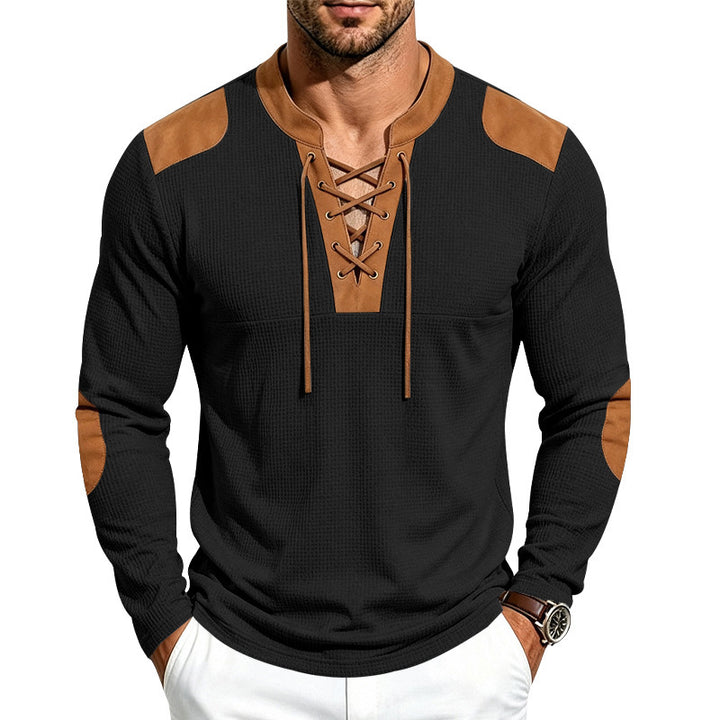 Herren Waffelstruktur-Henley mit Schnürkragen und Kunstleder-Patches Drune