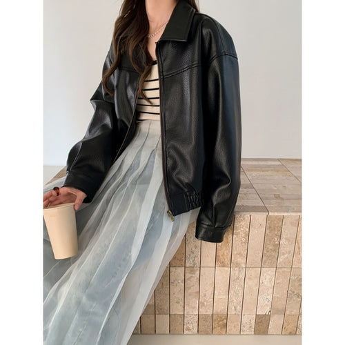 Damen Oversized Kunstleder Bomberjacke mit Reißverschluss Drune