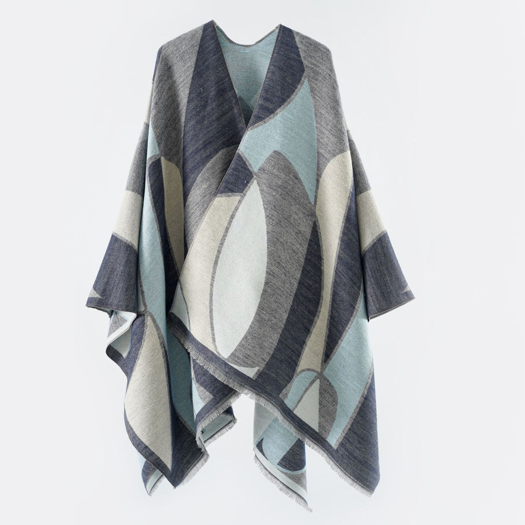 Damen Oversize-Poncho mit V-Ausschnitt und geometrischem Jacquard-Design Drune