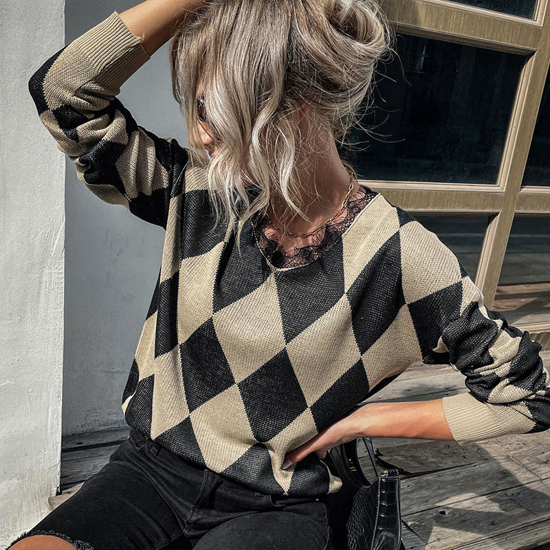 Damen Rauten-Strickpullover mit lockerem Schnitt und Rippbündchen Drune