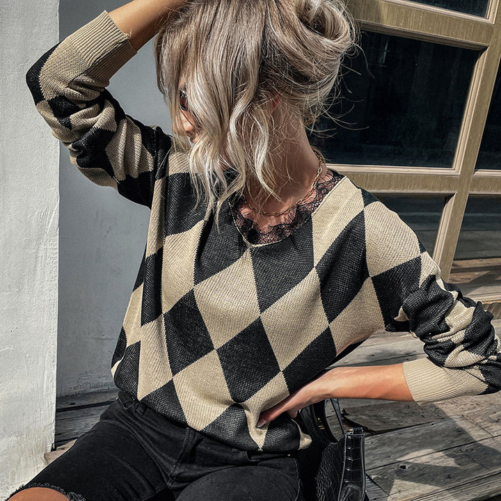 Damen Rauten-Strickpullover mit lockerem Schnitt und Rippbündchen Drune